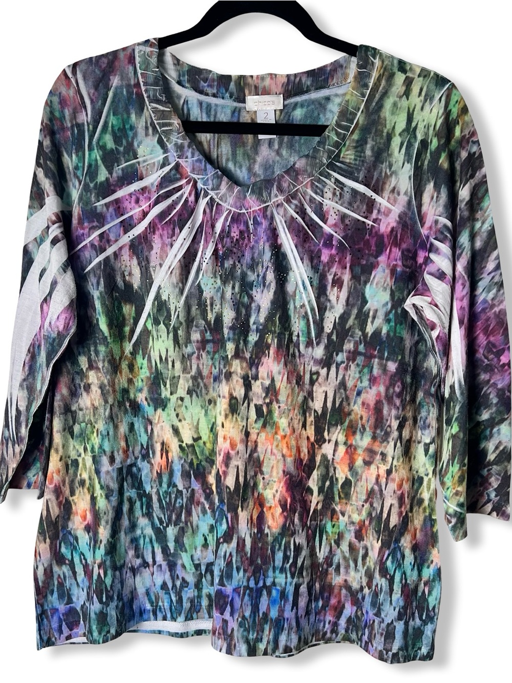 Chico’s Rhinestone Embellished Abstract Watercolor Top Sz 2 L